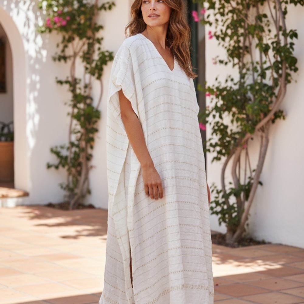 Lemlem by Liya Kebede White Cotton Handwoven Kaftan Dress One Size. AA46 - Picture 2 of 9